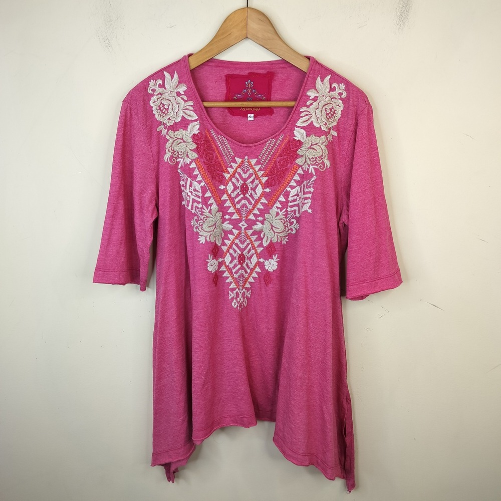 Johnny Was JW Los Angeles Floral Embroidered Tunic Large Boho Pink